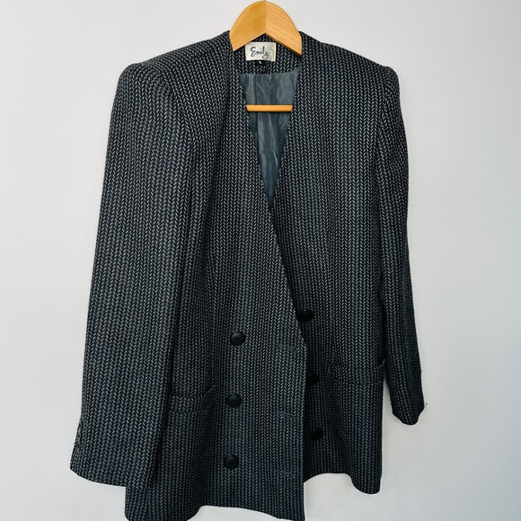 Beautiful Structured Vintage Herringbone Tweed Double Breasted Blazer Size 6 - Picture 4 of 6